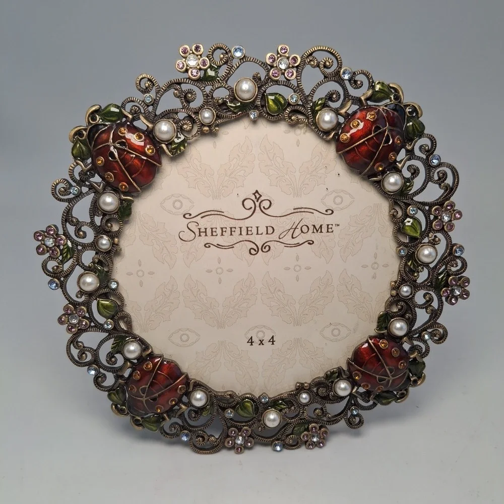 Sheffield Home 4x4 Picture Frame Ladybug Pearl Rhinestone Filigree Bronze Oval